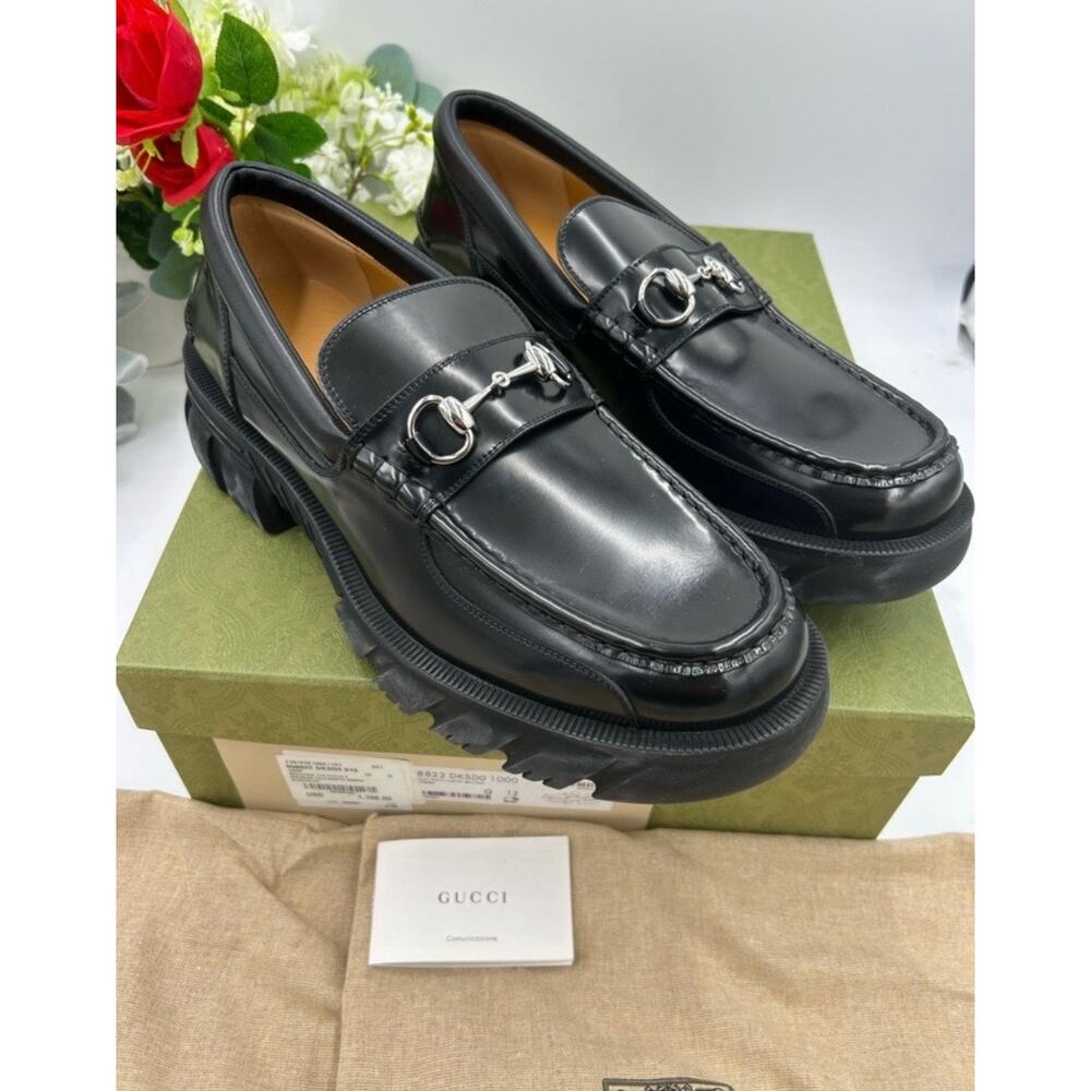 Men's Gucci Men's Black Leather Horsebit Lug Sole Loafers size 12 made in Italy - Picture 10 of 12